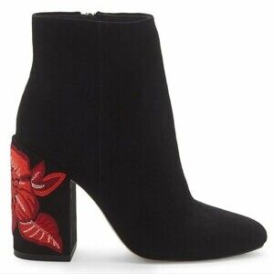 Jessica Simpson Wazlin Black Suede Floral Embroidered Block Heel Ankle Booties